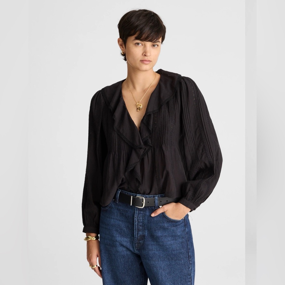 NWT! Madewell - Lace-Insert Ruffled Pintuck Long-Sleeve Top - Black - Size XXL